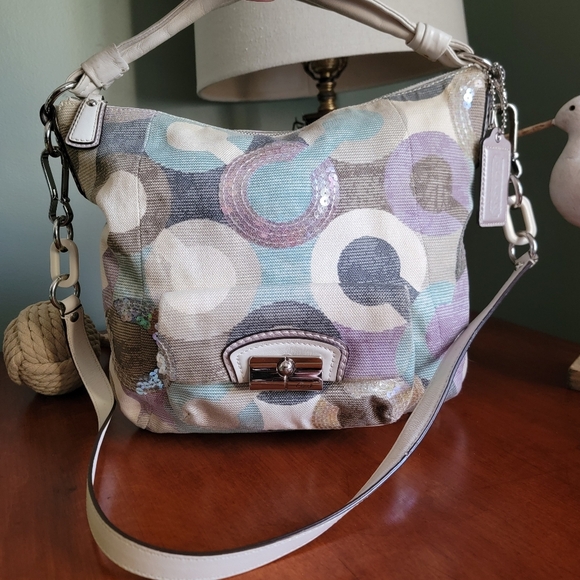 Coach Op-Art Multicolored Linen & Sequin Signature Hobo w/ White Leather #14860 - Picture 1 of 16